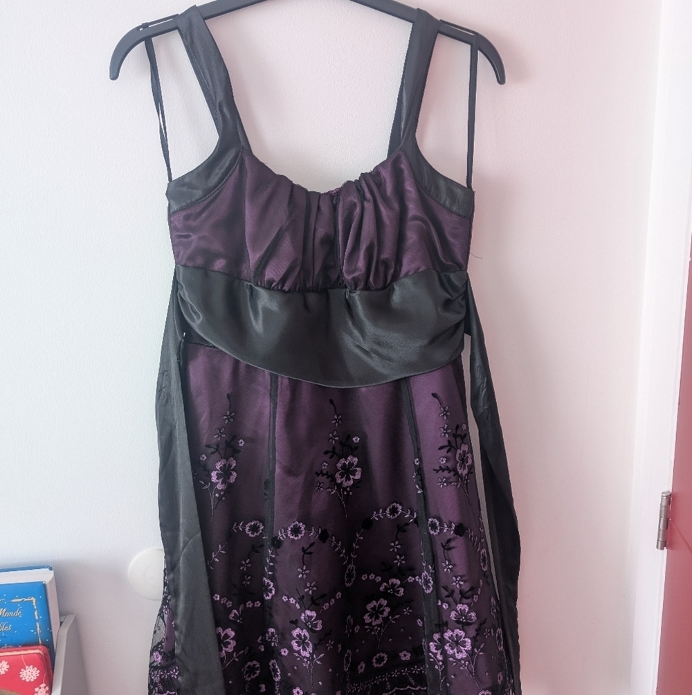 Jolie - Floral Midi Prom Dress With Ribbon - Purple&Black